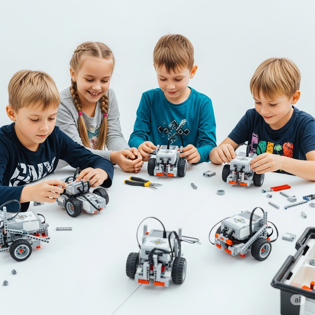 Dzieci budujące roboty LEGO Education w WToMiGraj